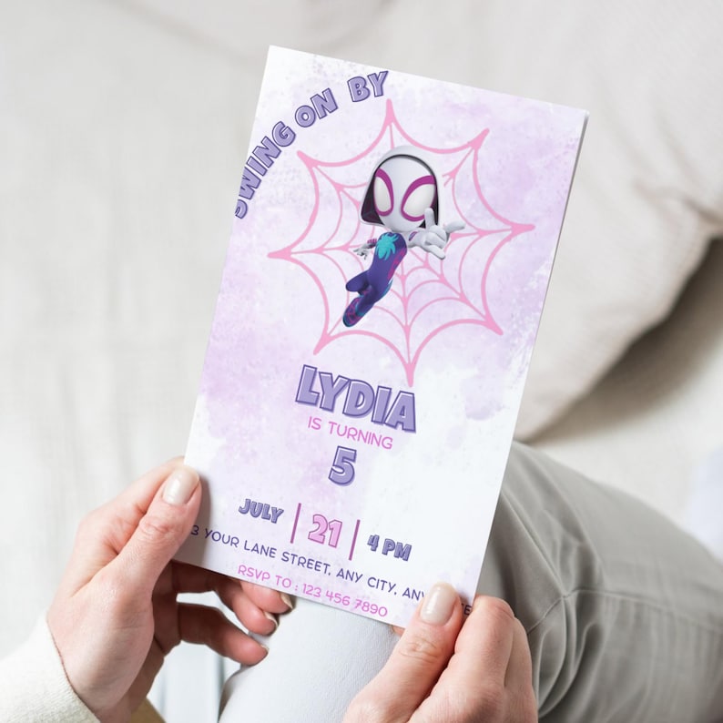 Invitación de cumpleaños editable de Ghost Spider, invitación de cumpleaños de Gwen, invitación de cumpleaños de Spider-Verse para niñas, plantilla de invitación para fiesta de cumpleaños de niñas imagen 3