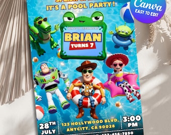 Toy Story Pool Party Birthday Invitation, Summer Kids Invite, Editable Canva Template (Digital Download)