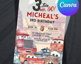 May include: A birthday invitation featuring cartoon cars. The invitation reads "Micheal's 3rd Birthday" with the date and time. The design includes a red truck, a red race car, and other animated vehicles.