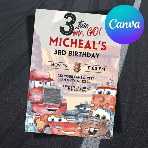 Cars Birthday Invitation, Lightning Mcqueen 3rd Birthday Invitation, Kids Birthday Party, Editable Personalized Canva Digital Download