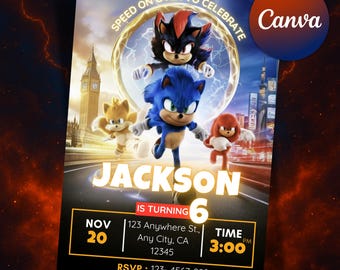 Invitación de cumpleaños editable de Sonic 3, invitación para fiesta de Super Hedgehog para niños, invitación para móvil de Sonic, cumpleaños infantil (descarga digital) Plantilla de Canva