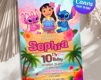 Lilo and Stitch Birthday Invitation, Editable Tropical Hawaiian Party Invite, Kids Party Invite (Digital Download) Canva Template