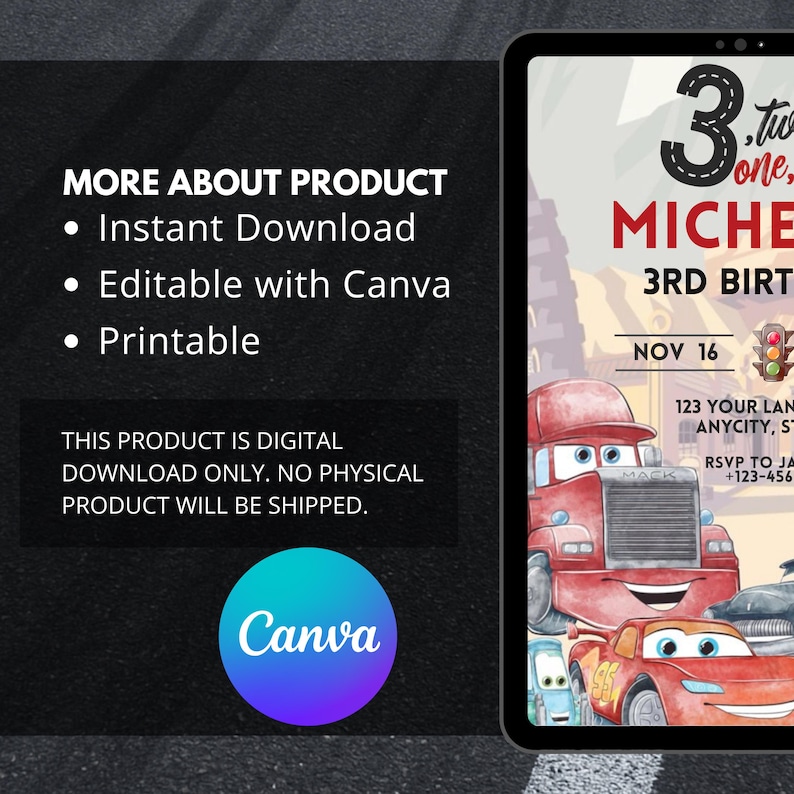 Einladung zum 3. Geburtstag mit Cars-Motiv, Lightning McQueen-Einladung, Cars-Motto, Einladung zur Kindergeburtstagsfeier, personalisierbare Canva-Vorlage zum digitalen Download Bild 5