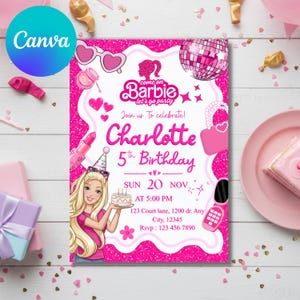 May include: A pink Barbie-themed birthday party invitation with the text "Come on Barbie let's go party". The invitation includes the name "Charlotte" and the date of the party. Decorative elements include a disco ball, hearts, and a Barbie illustration.
