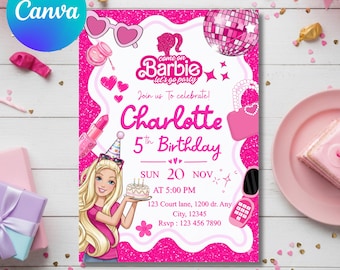Editable fashion doll birthday Invitation, malibu hot pink birthday party, bestie invitation, Instant Download, Canva Template