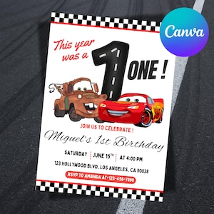May include: A birthday invitation card featuring a checkered border, a large black number one, and cartoon cars. Text includes This year was a ONE!, Miguel's 1st Birthday, Saturday June 15th at 4:00 PM, 123 Hollywood Blvd, Los Angeles, CA 90028, and RSVP to Amanda at 123-456-7890.