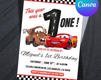 Lightning McQueen Einladung zum 1. Geburtstag, Kindergeburtstagseinladung, Cars-Thema, personalisierbare Canva-Vorlage zum Bearbeiten, digitaler Download