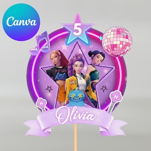 Adorno para tarta de Cazadores de Demonios K-Pop, decoración para tarta K-Pop, adorno para tarta de Huntrix, decoración para fiesta de Huntrix, plantilla editable de Canva