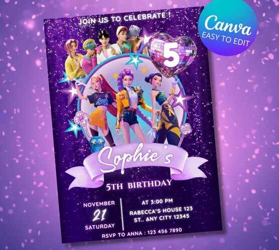 Kpop Demon Hunters Birthday Invitation — Editable Canva Anime Party Invite
