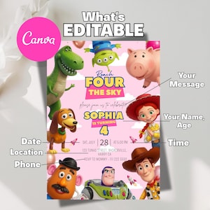 Editable Pink Reach Four The Sky Birthday Invitation for Girl, Digital Download Toy Story 4th Birthday Theme Invite, CANVA Template image 8