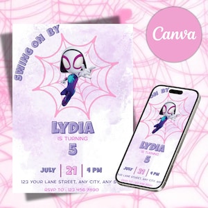 Invitación de cumpleaños editable de Ghost Spider, invitación de cumpleaños de Gwen, invitación de cumpleaños de Spider-Verse para niñas, plantilla de invitación para fiesta de cumpleaños de niñas imagen 2