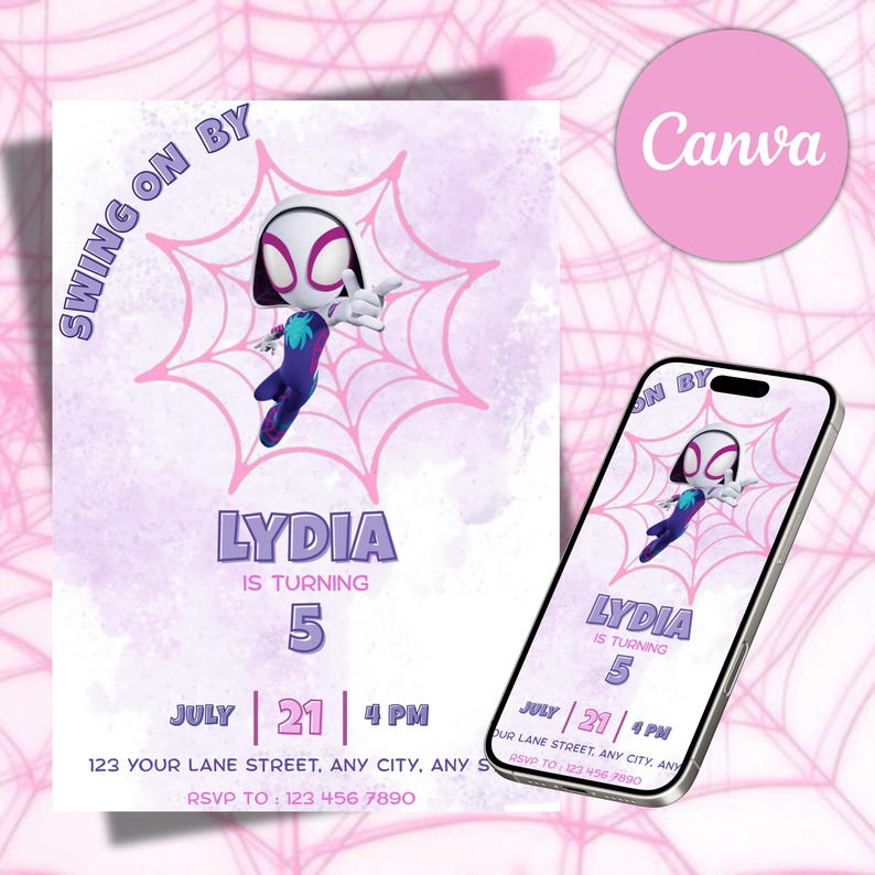 Invitación de cumpleaños editable de Ghost Spider, invitación de cumpleaños de Gwen, invitación de cumpleaños de Spider-Verse para niñas, plantilla de invitación para fiesta de cumpleaños de niñas imagen 2