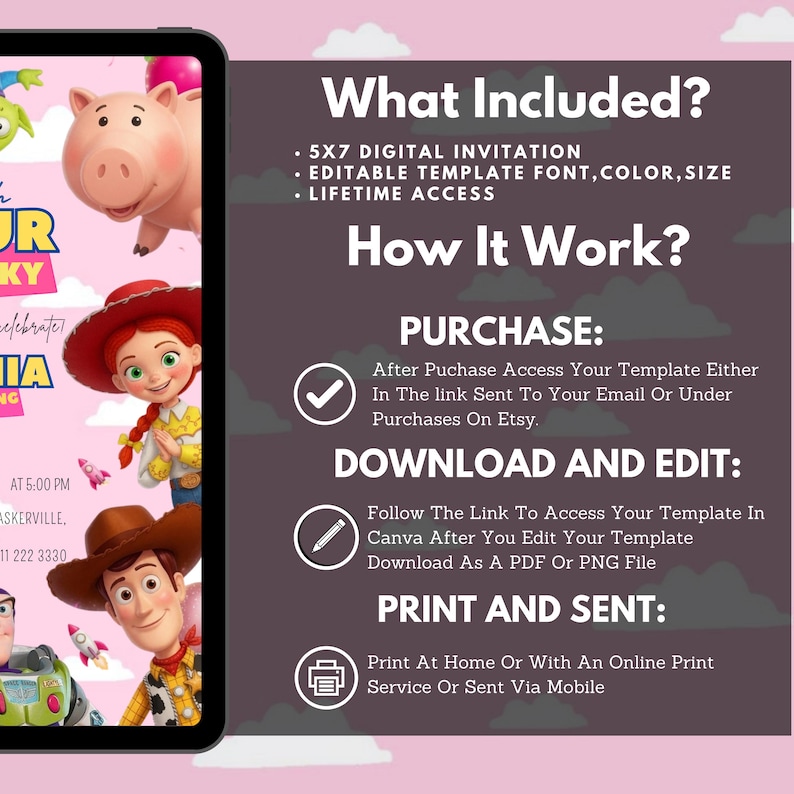 May include: A digital invitation template featuring cartoon characters including a pig, a cowgirl, a cowboy, and a space ranger on a pink background. The text includes What Included, 5x7 Digital Invitation, How It Work, Purchase, Download and Edit, and Print and Sent.