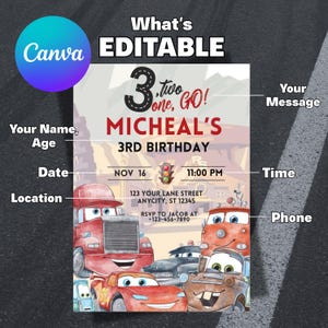 K&ouml;nnte beinhalten: Eine Geburtstagseinladung mit Cartoon-Auto-Illustrationen. Der Text "MICHEAL'S 3RD BIRTHDAY", Datum, Uhrzeit und Ort sind enthalten. Das Design enth&auml;lt das Canva-Logo und die Worte "What's EDITABLE".