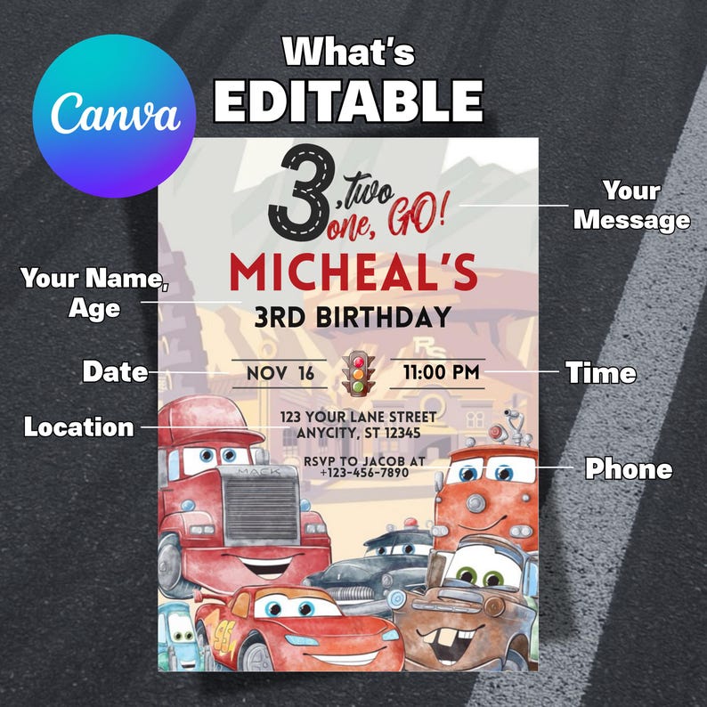 K&ouml;nnte beinhalten: Eine Geburtstagseinladung mit Cartoon-Auto-Illustrationen. Der Text "MICHEAL'S 3RD BIRTHDAY", Datum, Uhrzeit und Ort sind enthalten. Das Design enth&auml;lt das Canva-Logo und die Worte "What's EDITABLE".