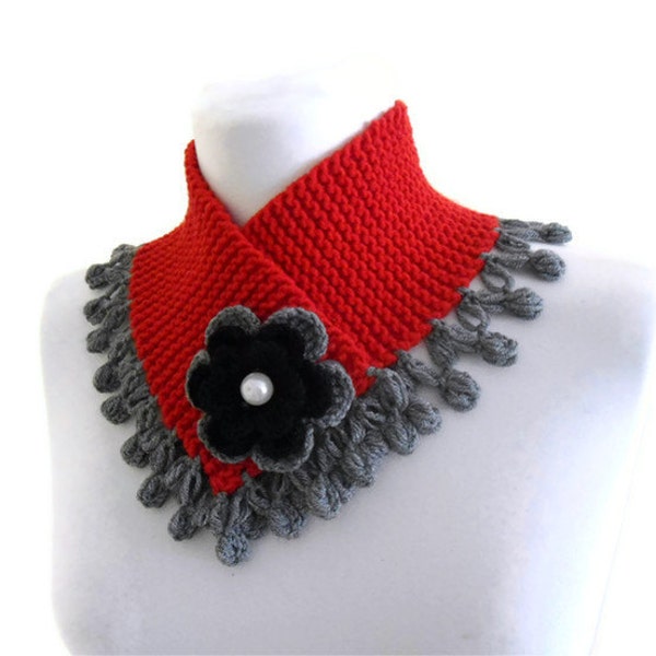 Christmas gift, knitted neck warmer, knit collar, winter, hand-knitted, fashion,red and greey,