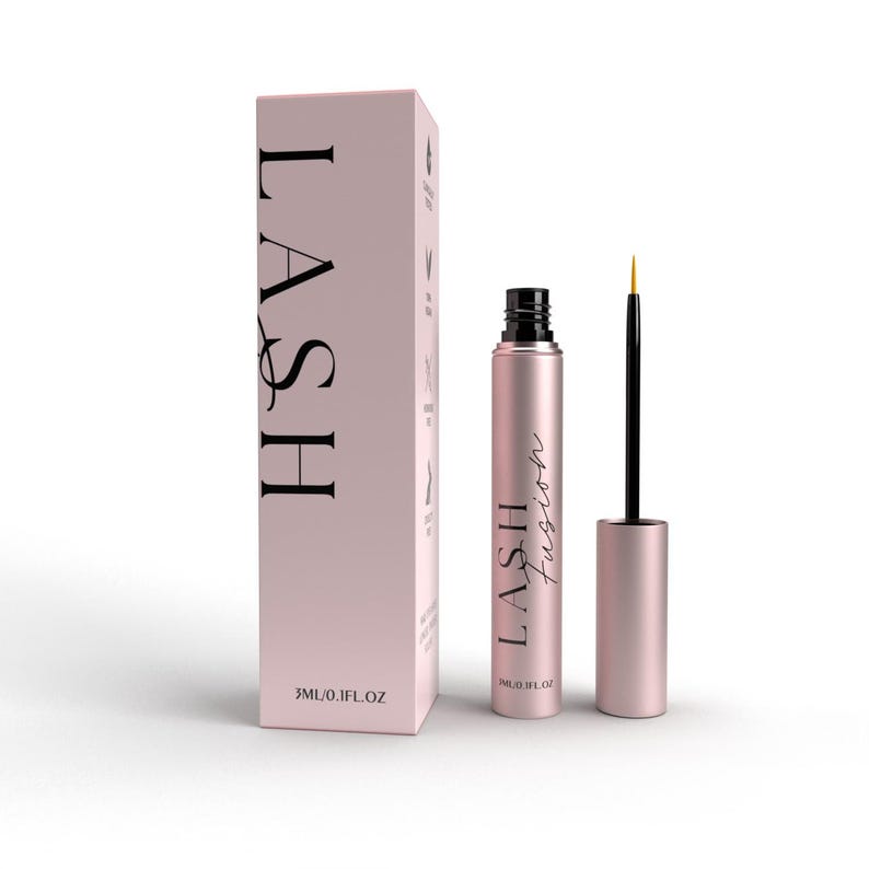 May include: A light pink box and tube of lash serum. The box has the word "LASH" in large black letters. The tube is labelled "LASH fusion" and contains a thin applicator brush. The product volume is 3ml/0.1 fl oz.