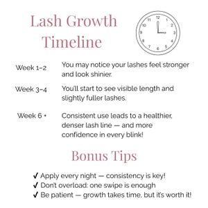 May include: A white graphic detailing a "Lash Growth Timeline" with a clock illustration. The text describes lash growth over weeks, with bonus tips for application, including consistency and patience.
