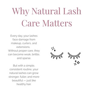 May include: A white background with the text: "Why Natural Lash Care Matters." The text explains how to care for lashes. There are two stylized eyelashes with sparkle graphics. The text discusses lash damage from makeup and curlers.