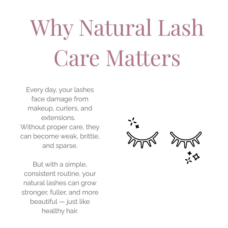 May include: A white background with the text: "Why Natural Lash Care Matters." The text explains how to care for lashes. There are two stylized eyelashes with sparkle graphics. The text discusses lash damage from makeup and curlers.