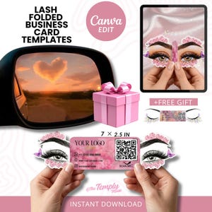 May include: Pink business card template with a floral design, featuring a QR code and contact information. The text reads "LASH FOLDED BUSINESS CARD TEMPLATES" and "YOUR LOGO". Includes a pink gift box and a digital tablet.