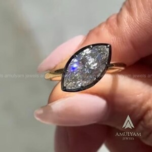 3CT Marquise Diamond Engagement Ring, Black Halo Gold Ring, East West Solitaire Ring, Modern Minimalist Bridal Jewelry Gift