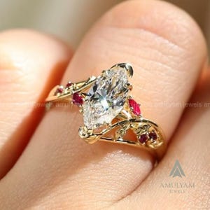 3CT Marquise Diamond Ruby Engagement Ring, Floral Vine Gold Ring, Nature Inspired Bridal Ring, Unique Vintage Promise Ring Gift