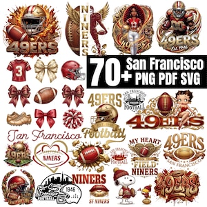 Könnte beinhalten: Eine Sammlung von Grafiken zum Thema San Francisco 49ers. Enthält Footballhelme, Fußbälle, Cheerleader und Teamlogos. Der Text "70+ San Francisco + PNG PDF SVG" ist ebenfalls vorhanden.