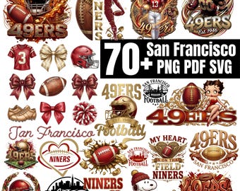 May include: A collection of San Francisco 49ers themed graphics. Includes football helmets, footballs, cheerleader, and team logos. The text "70+ San Francisco + PNG PDF SVG" is also present.