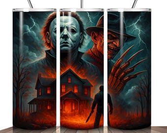 May include: Three stainless steel tumblers with a horror movie theme. Each tumbler features a different character, including Michael Myers and Freddy Krueger, with a spooky house and lightning background.