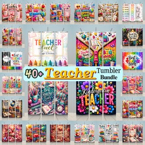 May include: A bundle of 40+ teacher-themed tumblers. The designs feature colourful graphics with school supplies, inspirational quotes, and the words "Teacher," "Kindergarten," and "Best Teacher Ever." The tumblers are cylindrical and have vibrant patterns.