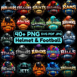 Peut inclure: Graphique numérique avec divers logos d'équipes de football américain, casques et ballons. L'image comprend des noms d'équipes comme Panthers, Falcons, Saints et Bears, avec le texte "40+ PNG SVG PDF JPG Helmet & Football."