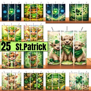 May include: A collection of 25 St. Patrick's Day themed tumblers. Designs include shamrocks, leprechauns, and Highland cows in green and gold. Some tumblers feature the text "Lucky" and "Blessed".