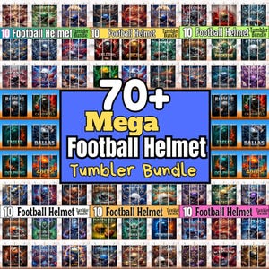 May include: A digital collection of 70+ Mega Football Helmet Tumbler Bundle designs featuring various professional football team helmets, team logos, and footballs set against dynamic, colorful, and energetic backgrounds with lightning effects.