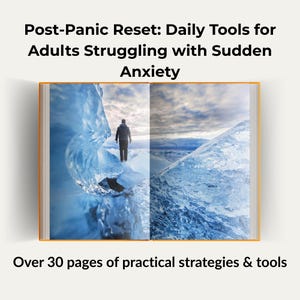 May include: An open book with the title "Post-Panic Reset: Daily Tools for Adults Struggling with Sudden Anxiety." The book's pages show a person walking on ice. The text "Over 30 pages of practical strategies & tools" is at the bottom.