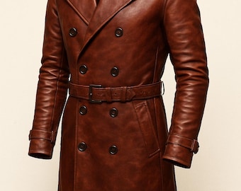 Men’s Brown Calfskin Leather Trench Coat | Double Breasted Long Overcoat with Belt | Vintage Handmade Winter Leather Jacket