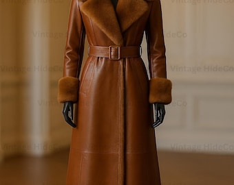 Women’s Shearling Leather Coat Brown Fur Collar Trench | Vintage Long Winter Jacket | Handmade 70s Style Overcoat | Belted Real Leather Coat