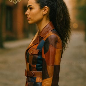 Puede incluir: Una chaqueta de cuero patchwork en tonos marr&oacute;n, beige y azul marino. La chaqueta tiene cuello, dos bolsillos en el pecho y cintur&oacute;n en la cintura. La chaqueta la lleva una persona con cabello oscuro recogido en una cola de caballo.