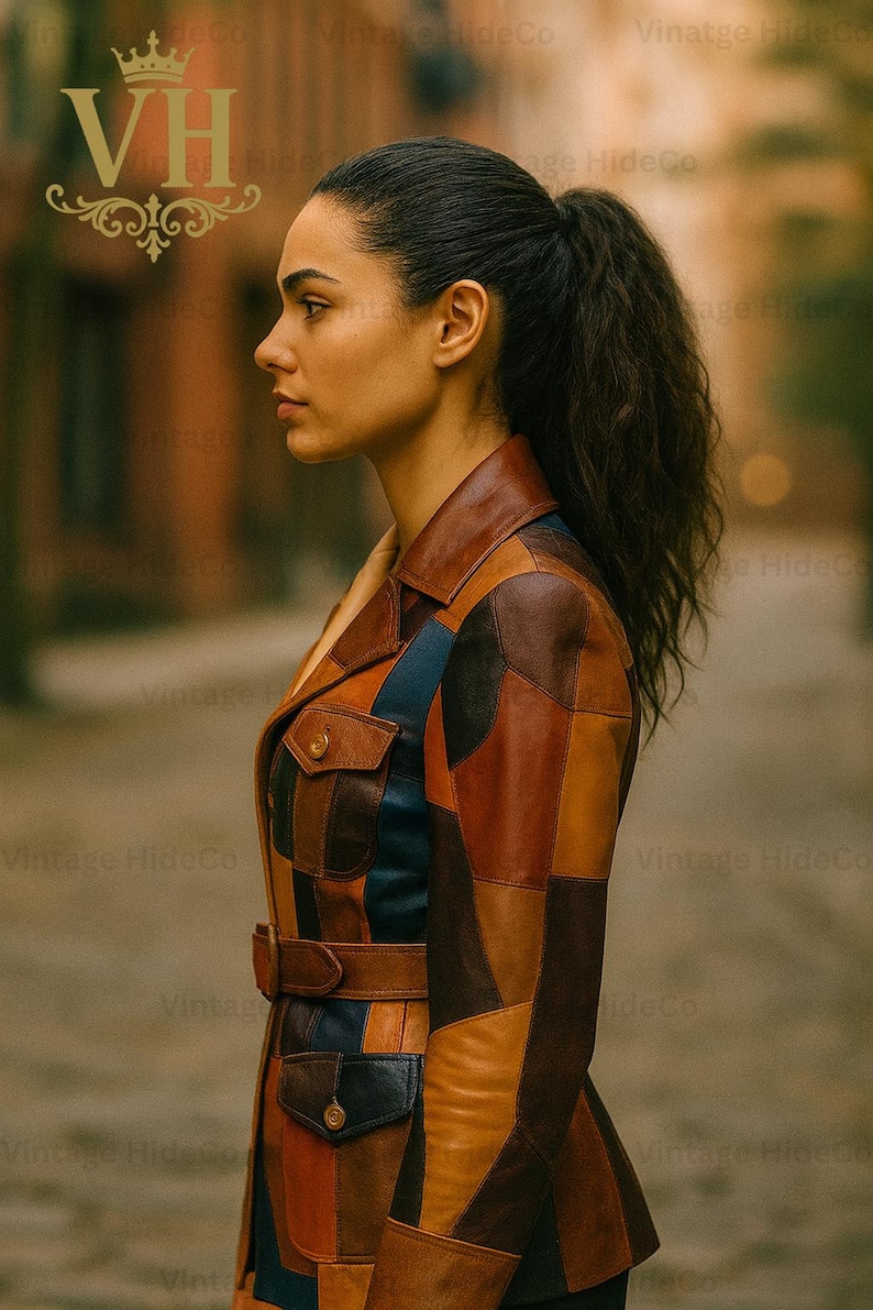 Puede incluir: Una chaqueta de cuero patchwork en tonos marr&oacute;n, beige y azul marino. La chaqueta tiene cuello, dos bolsillos en el pecho y cintur&oacute;n en la cintura. La chaqueta la lleva una persona con cabello oscuro recogido en una cola de caballo.