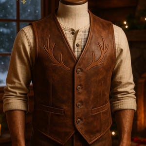 May include: A brown leather vest with antler designs, button closure, and two front pockets. The vest is worn over a light-colored button-down shirt and brown pants. The image features a rustic, warm aesthetic.