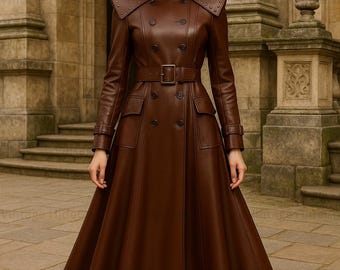 Women’s Long Brown Leather Trench Coat | Full Length Double Breasted Belted Maxi Coat | Vintage Gothic Steampunk Style by Vintage HideCo