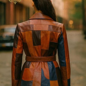 Puede incluir: Chaqueta de cuero patchwork en tonos marr&oacute;n y azul marino, con cintur&oacute;n en la cintura y cuello cl&aacute;sico. El dise&ntilde;o de la chaqueta est&aacute; compuesto por formas geom&eacute;tricas, creando un look &uacute;nico y elegante.