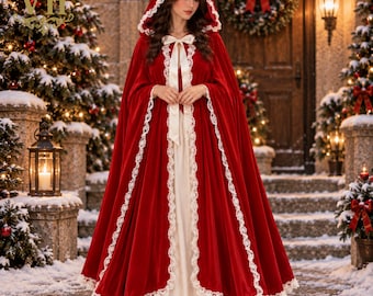 Capa navideña de terciopelo rojo, capa de Caperucita Roja, capa victoriana con capucha, disfraz navideño gótico, capa renacentista, vestido de fiesta.