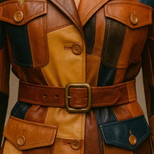 Puede incluir: Chaqueta de cuero patchwork en tonos marr&oacute;n, beige y azul marino. La chaqueta presenta una cintura con cintur&oacute;n y hebilla cuadrada grande, dos bolsillos en el pecho y cierres de bot&oacute;n. La chaqueta tiene una est&eacute;tica vintage.
