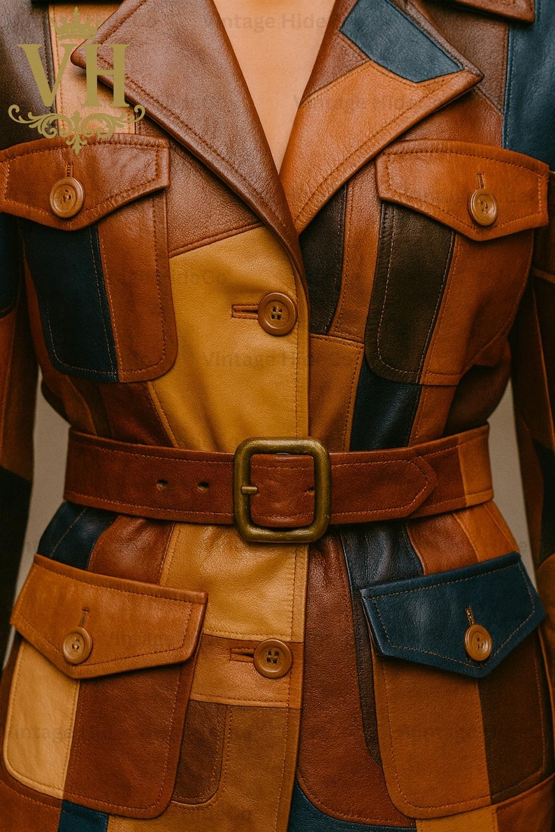 Puede incluir: Chaqueta de cuero patchwork en tonos marr&oacute;n, beige y azul marino. La chaqueta presenta una cintura con cintur&oacute;n y hebilla cuadrada grande, dos bolsillos en el pecho y cierres de bot&oacute;n. La chaqueta tiene una est&eacute;tica vintage.