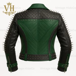 May include: A black and green leather jacket with silver spikes and studs. The back of the jacket features a quilted design in green and black, with a collar and zipper details. The sleeves have silver spikes.