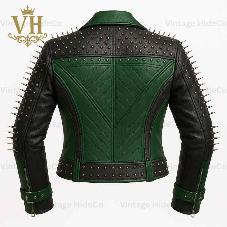 May include: A black and green leather jacket with silver spikes and studs. The back of the jacket features a quilted design in green and black, with a collar and zipper details. The sleeves have silver spikes.