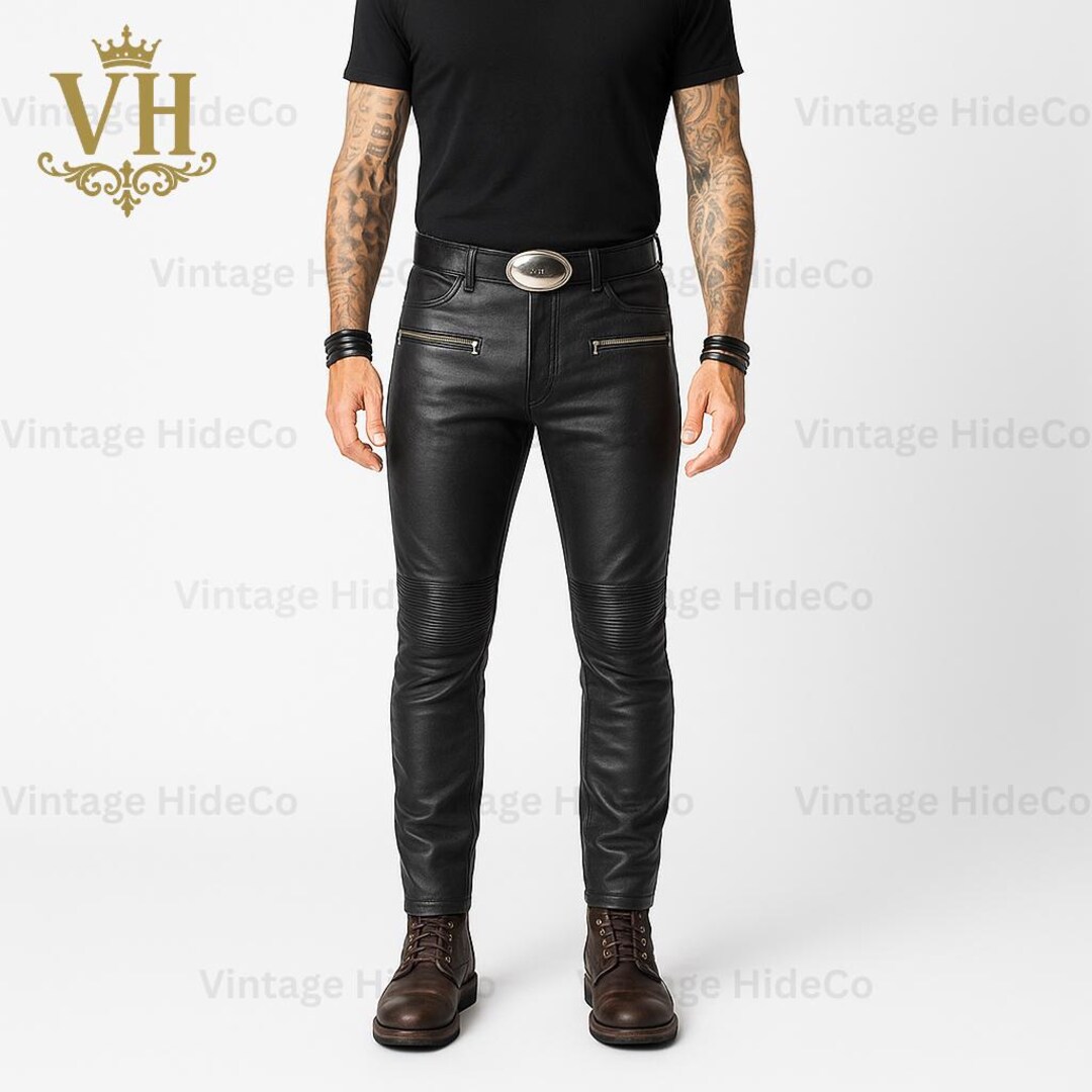 Men’s Black Genuine Leather Biker Pants With Belt | Handmade Motorcycle ...