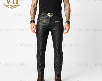 Men’s Black Genuine Leather Biker Pants with belt | Handmade Motorcycle Jeans with Zipper Pockets, Slim Fit Rocker Style Trousers
