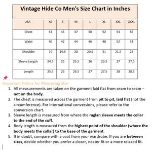 May include: A size chart from Vintage Hide Co. in inches, with measurements for chest, waist, shoulder, sleeve length, and length. Includes XS to XXXL sizes. Also includes instructions for measuring size.